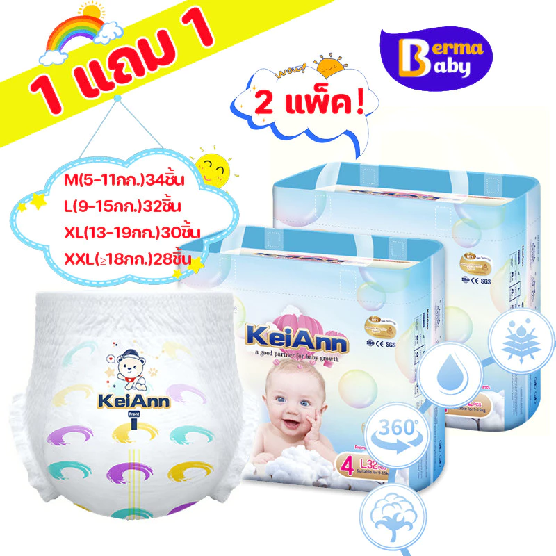 Berma Baby แพมเพิสเด็ก ผ้าอ้อมเด็กแบบใช้แล้วทิ้ง นุ่มบางเบา ระบายอากาศได้ดี M-XXL