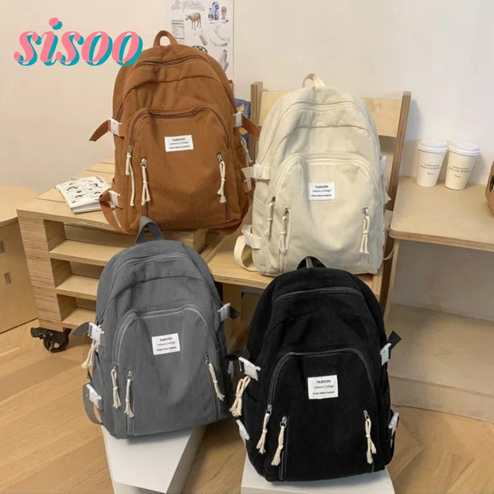 กระเป๋าเป้สะพายหลังสำหรับนักเรียนและเดินทาง ความจุมาก มีวัสดุกำมะหยี่ลายทางสีทึบ พกพาสะดวก