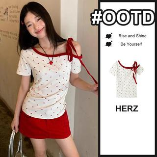 Herz-kaos off-shoulder motif polkadot putih wanita lengan pendek tali ikat korean t-shirt kasual cewek