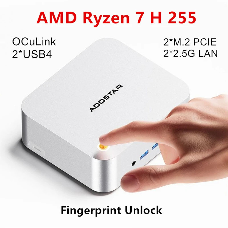 Aoostar MACO Mini PC Gamer AMD Ryzen 7 H 255 ลายนิ้วมือ OCuLink 2 * USB4 2 * NVMe 2 * 2.5G LAN Windo
