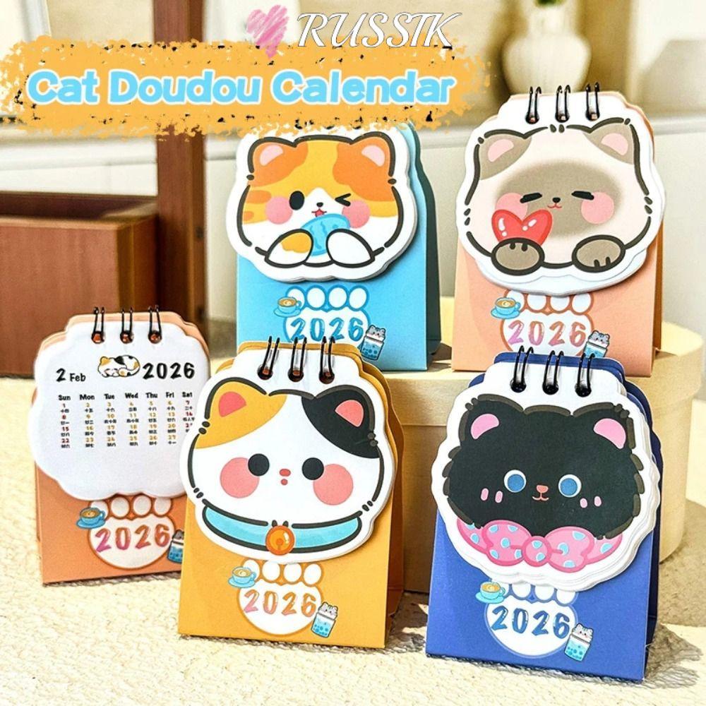 รัสซิค 2026 ปฏิทินตั้งโต๊ะ, ขดลวดมินิกําหนดการวางแผน, แมวการ์ตูนน่ารักแบบพกพากําหนดเครื่องหมายวางแผนรายวันอุปกรณ์สํานักงาน