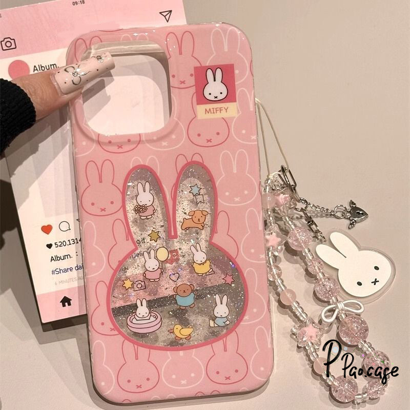 สำหรับIPhone 17 AIR 15 11 13 12 16 14 Pro Max X XS XR 14 7 8 Plus การ์ตูนน่ารัก Miffyกระต่ายสร้อยข้อมือผงกากเพชรใสปก Tpu