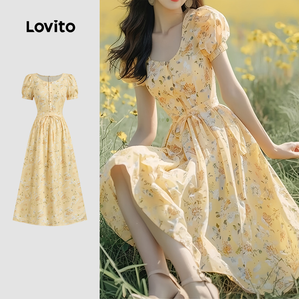Lovito ชุดเดรสพลีทลำลองสำหรับผู้หญิงสีเหลือง L154ED1034