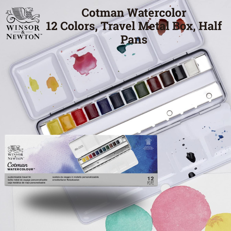 Winsor & Newton Cotman Watercolor – 12-Color Travel Metal Box Set, Half Pans