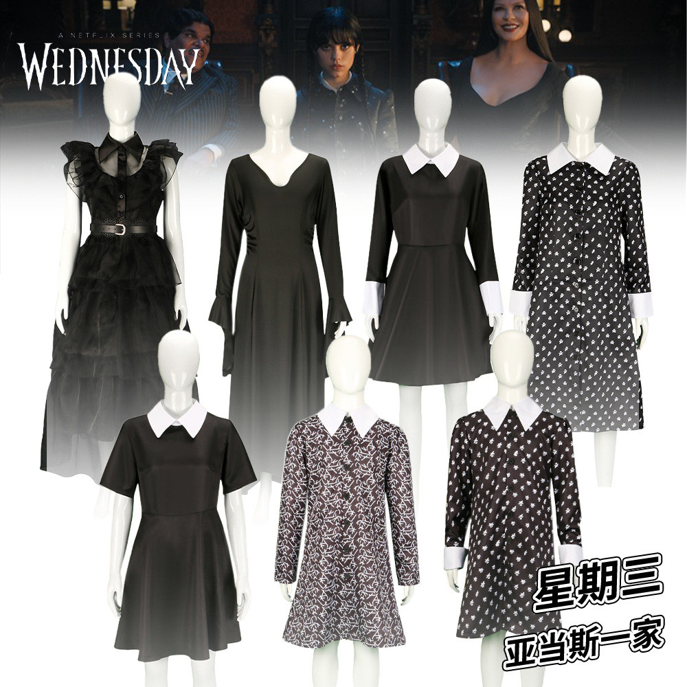 Wednesday Adams Family Theme Costume คอสเพลย์ผ้าก๊าซสีดำสำหรับHALOWEEN