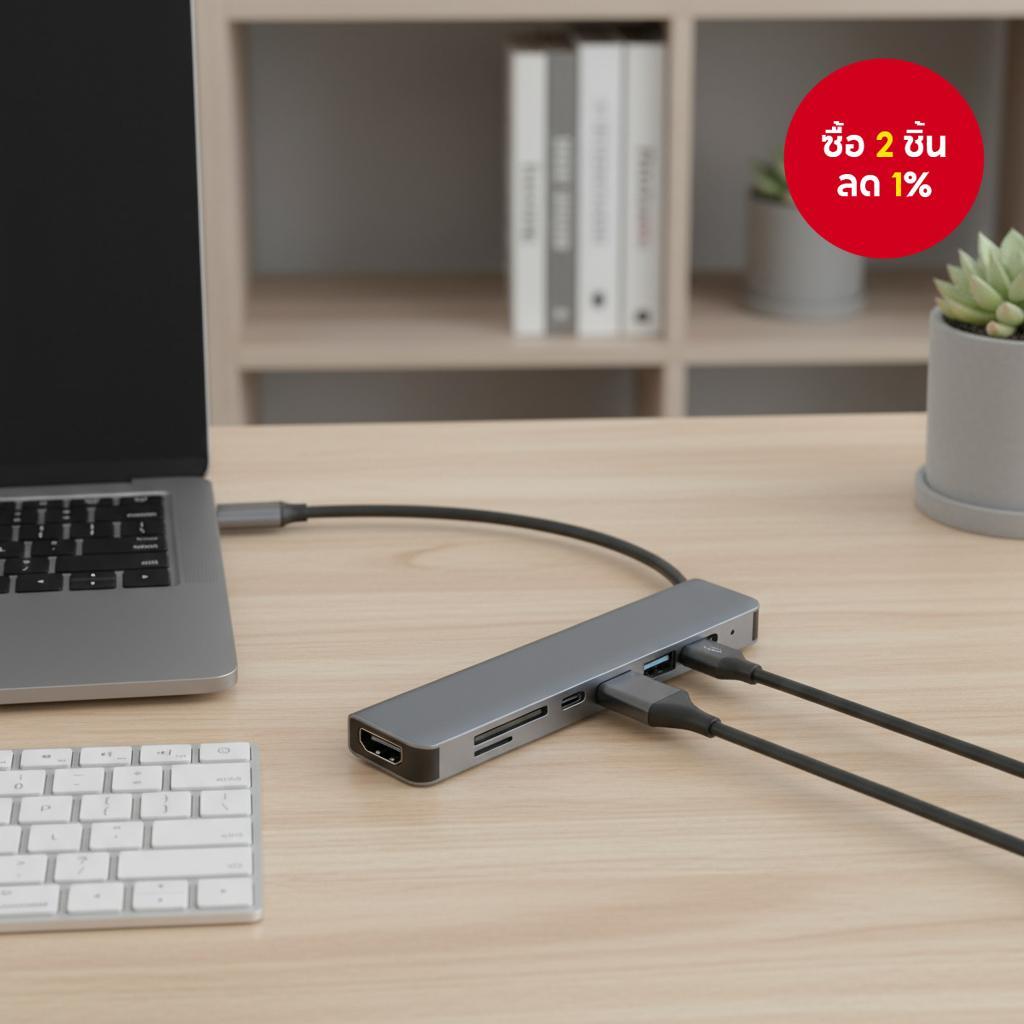 ฮับ USB Type C 7 พอร์ต: รองรับ HD TV 4K 30Hz, USB 3.0, USB 2.0, ช่องใส่ SD Card, ช่องใส่ TF Card