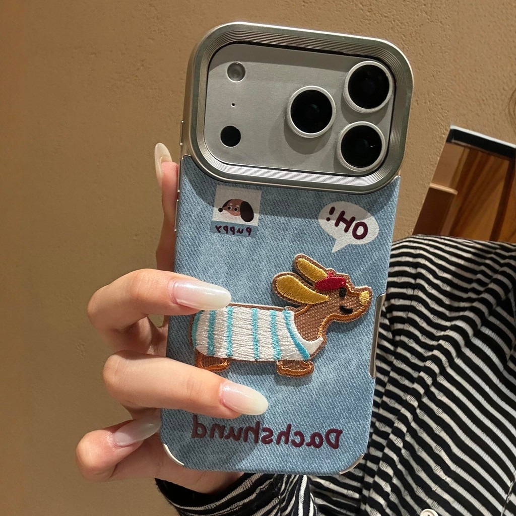 Huiwanju ปักลูกสุนัขสําหรับ iPhone17promax เคสโทรศัพท์ ip17air ใหม่ 16pro retro 15 พรีเมี่ยม 14 ผ้ายีนส์ 13 เคสป้องกัน