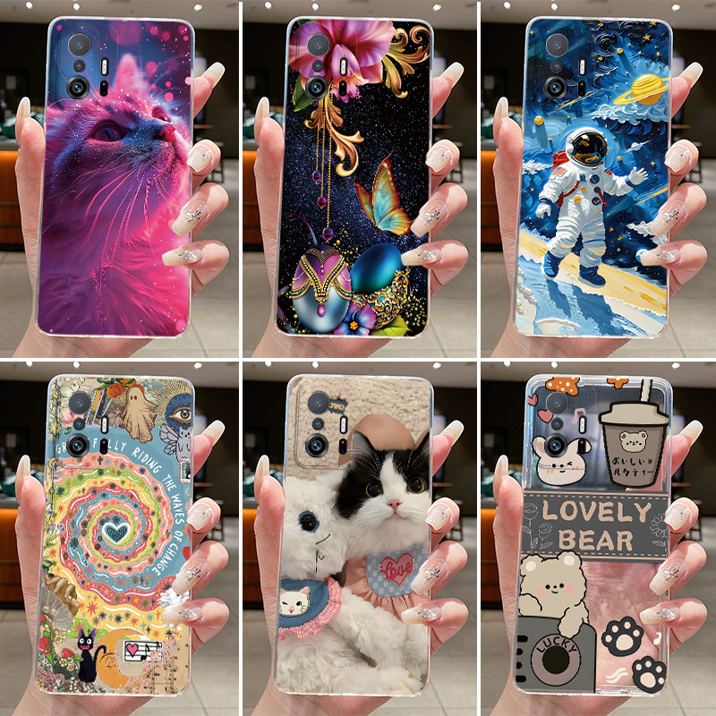 ปลอกสําหรับ Xiaomi 11T, 11T Pro Case Clear Aesthetic แฟชั่นแมวน่ารักรูปแบบนักบินอวกาศซิลิโคนอ่อนนุ่มโปร่งใส TPU ฝาครอบโทรศัพท์