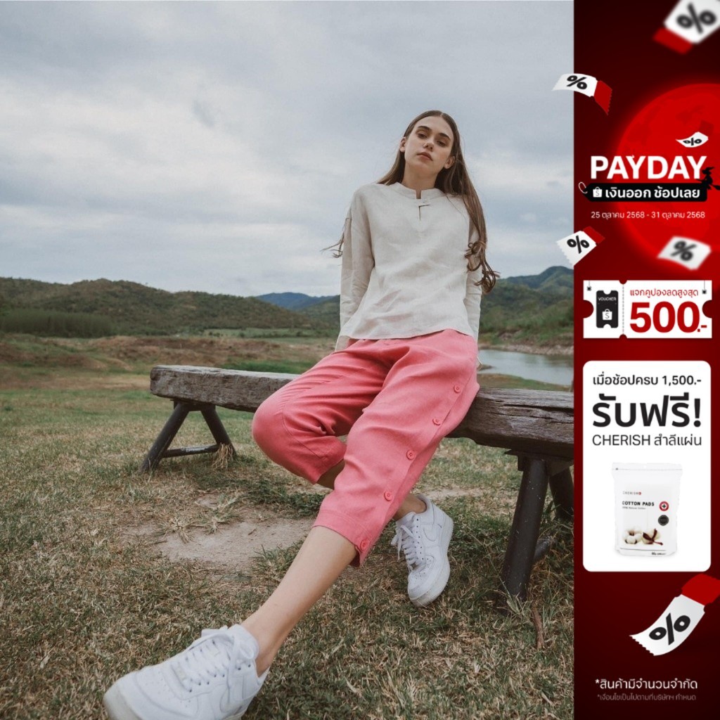 INCO WOMEN กางเกงขาสี่ส่วน ผ่าข้างติดกระดุม ผ้าลินิน