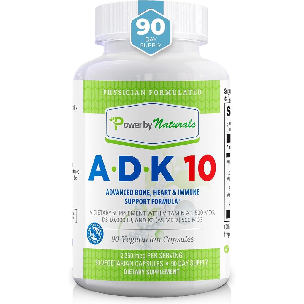 Power By Naturals ADK วิตามินอาหารเสริม – ADK 10 โปรตีนสูงพร้อมวิตามิน A, D3 10,000 IU & K2 MK7 สําห