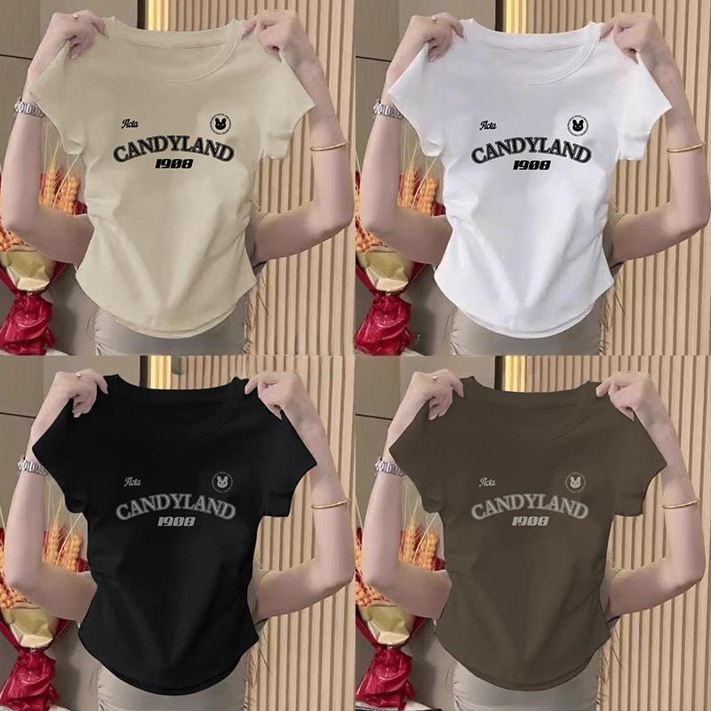 [มีไซส์ S-XL] เสื้อยืดแขนสั้นแฟชั่นสำหรับผู้หญิง สวมใส่สบาย ทรงเข้ารูป โชว์หุ่นเพรียวได้อย่างสมบูรณ์แบบ เนื้อผ้านุ่ม พิม
