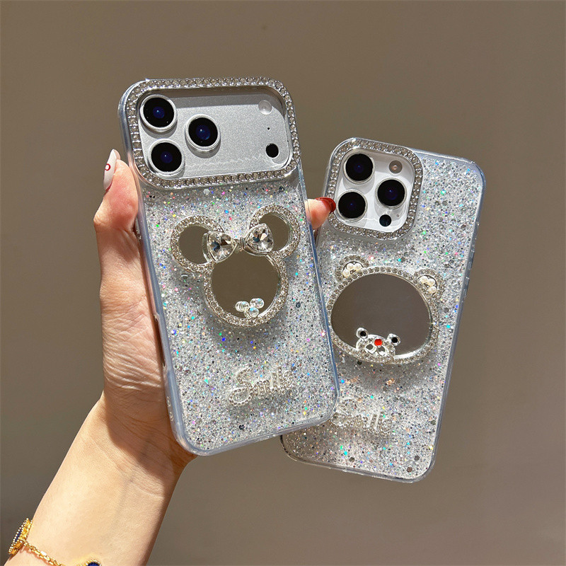 การ์ตูนหมีกระจกเงินประกายสีชมพูเคสโทรศัพท์สําหรับiPhone 11 12 13 14 15 16 17 Pro Max Plus AirปลอกสําหรับiPhone13กรณีปก