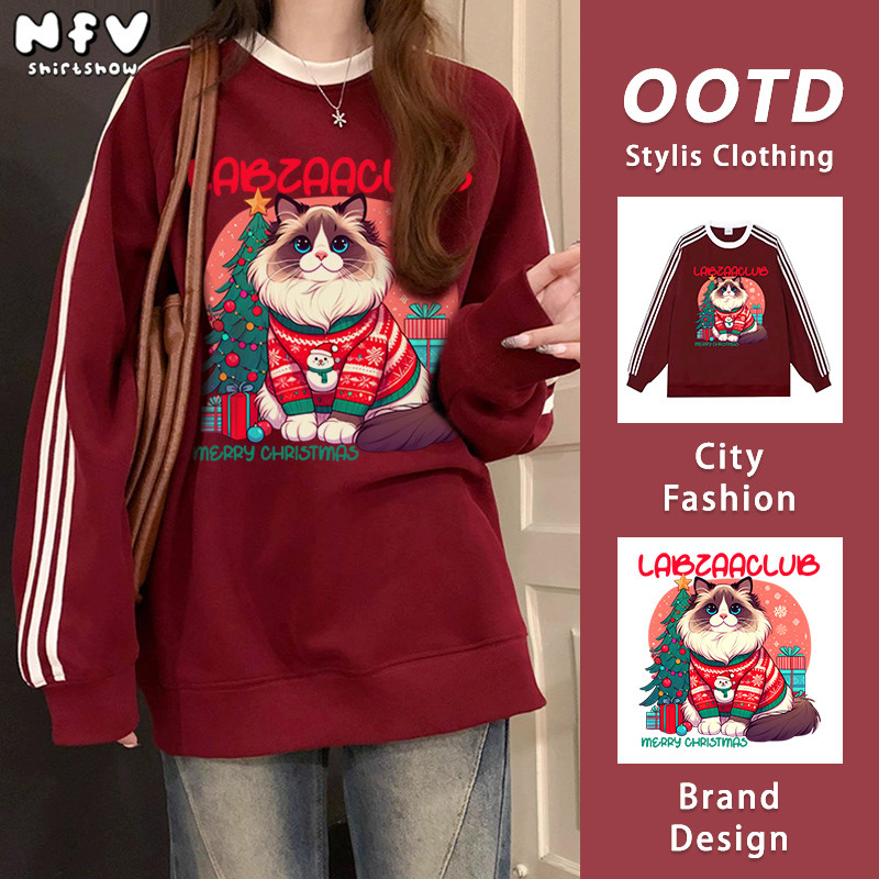 [จัดส่งตลอด 24 ชั่วโมง] NFV แนวอินเทรนสไตล์เกาหลี🎄Christmas เสื้อสเวตเตอร์คุณภาพสูง oversize ลายพิมพ์แมวน่ารัก YG657