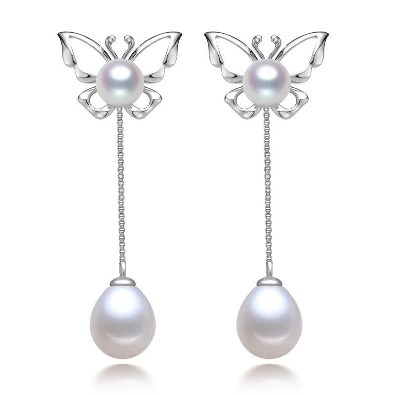 Ff [Bright Pearl] 2018 Butterfly One Style Four Wear 925 Silver Natural Pearl ต่างหูต่างหู