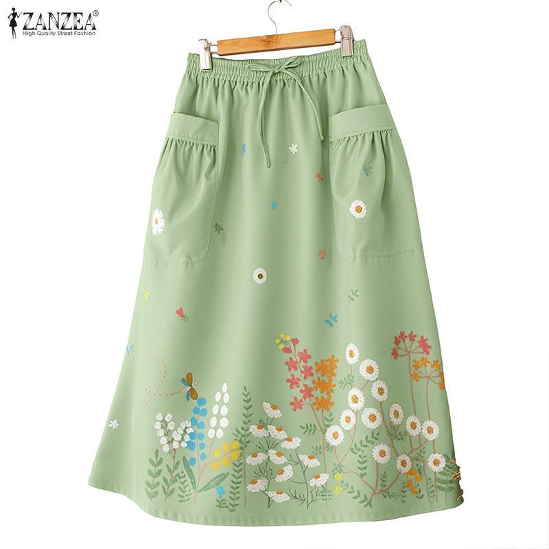 ZANZEA ใส่ ซานเซีย ผู้หญิงวันหยุดเกาหลีเอวยางยืดลูกไม้ขึ้นแพทช์กระเป๋าพิมพ์กระโปรง