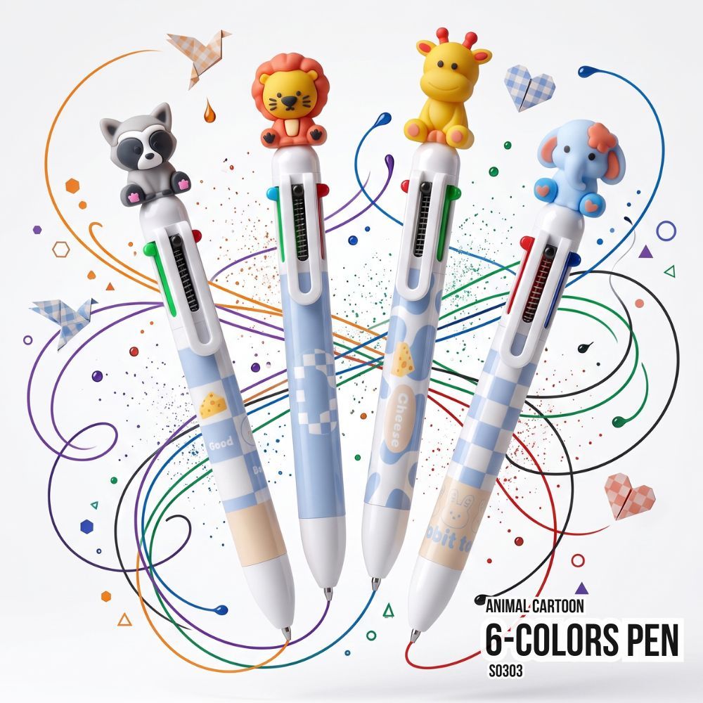 S0303 ปากกาลูกลื่น 6 สี ลายการ์ตูน น่ารัก ปากกาหลายสี ในแท่งเดียว อุปกรณ์การเรียน เครื่องเขียน