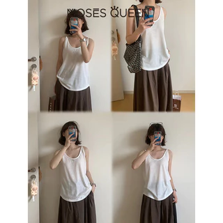 MOSESQUEEN มอสเนสควีน ชุดตัวนอกสําหรับฤดูร้อนรูปแบบใหม่สําหรับผู้หญิงที่มีเสื้อกั๊ก ดีไซน์ด้านหลังสวยงาม ทรงปล่อยๆสีขาวปูๆ เสื้อแขนกุด #63916