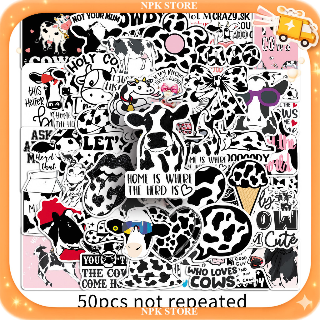 🔥🇹🇭พร้อมส่ง🇹🇭🔥50แบบ Sticker สิ่งของ ธีมวัว ลายจุดขาวดำ พร้อมวลี ตลก ขำขัน Fun laugh Black White dot Cow Cartoon text