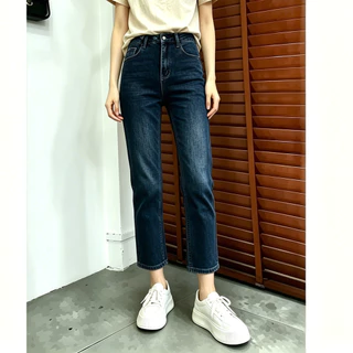 GHAOHES กางเกงยีนส์ทรงกระบอกเล็ก ผ้ายืด 3 สี เอวสูง 2 กระดุม ซ่อนหน้าท้องสะโพกกว้าง #V13#6689
