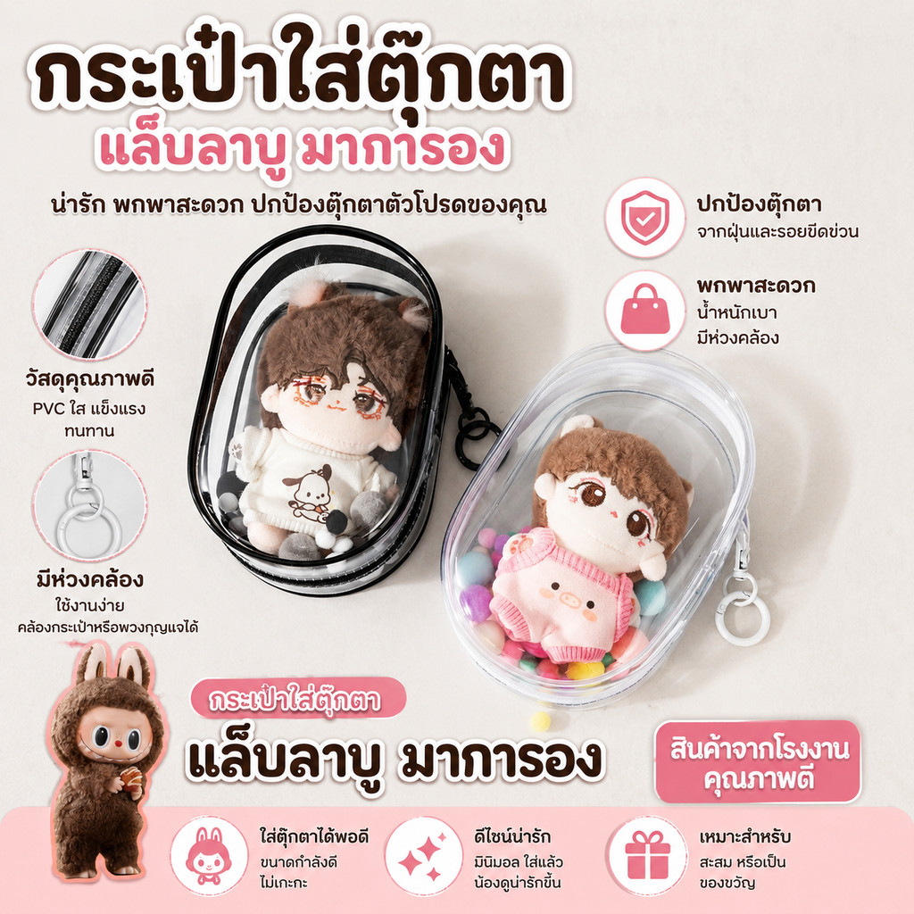 KIKI กระเป๋าใส่ลาบูบู้ กระเป๋าใส่ตุ๊กตา แบบใส มีซิป สําหรับห้อยตุ๊กตา Labubu กระเป๋าพวงกุญแจ กันน้ำ กันฝุ่น