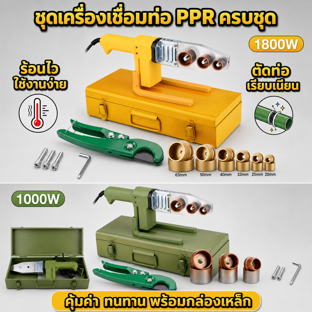 เครื่องเชื่อมท่อ PPR 1000W/1800W ชุดครบ หัวเชื่อม20-63มม กรรไกรตัดท่อ กล่องโลหะ อุณหภูมิคงที่ ช่างประปาต่อท่อน้ำPPR PVC