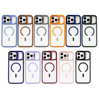 เคสใสขอบสี MagSafe iPhone 17 17 Air 17 Pro 17 Pro Max 16 15 14 13 12 11 กันกระแทก ขาตั้งแม่เหล็ก หมุนได้ 180° ขอบยกสูง ป้องกันหน้าจอและเลนส์ แถมฟิล์มเลนส์