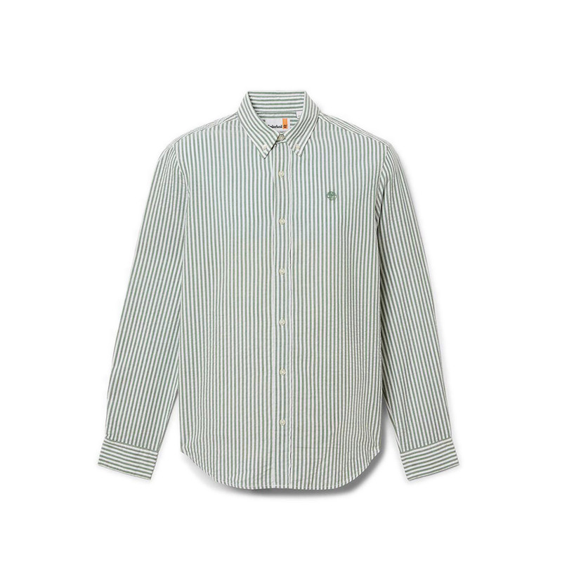 Timberland เสื้อเชิ้ตแขนยาวผ้าเซียร์ซัคเกอร์ลายริ้ว ผู้ชาย สี Dark Green