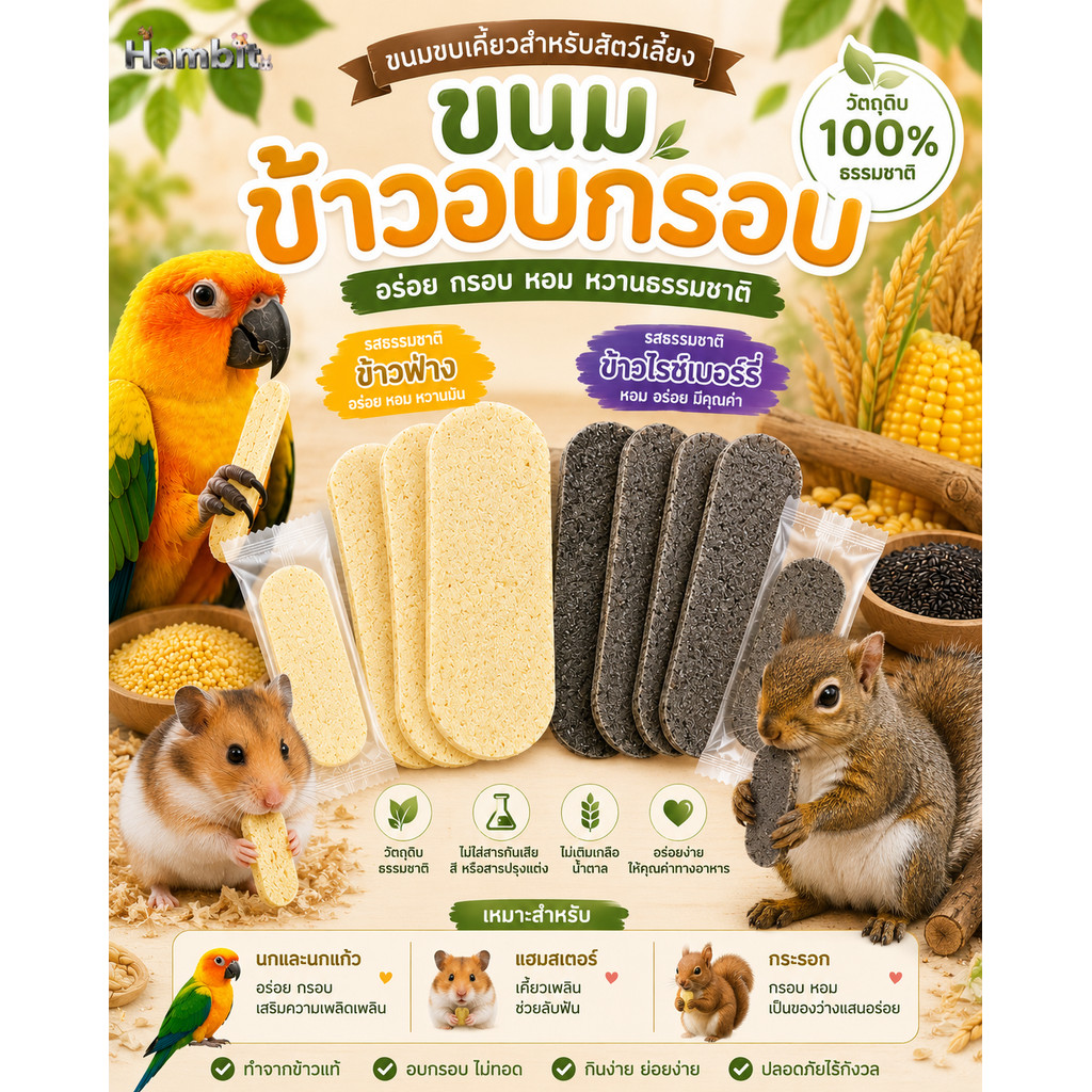 Hambit. ขนมข้าวอบกรอบสัตว์เลี้ยง ขนมหนูแฮมสเตอร์ นก กระรอก ขนมขบเคี้ยวลับฟัน ธรรมชาติ