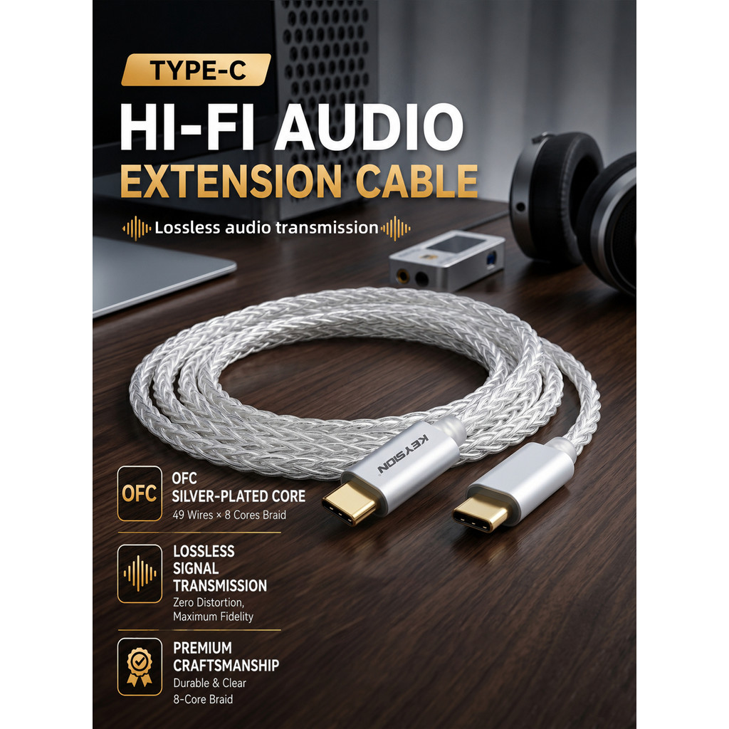 KEYSION Type-C ถึง Type-C DAC เครื่องขยายเสียงสายไฟออกซิเจนฟรีทองแดง Silver-plated USBC HIFI สําหรับ