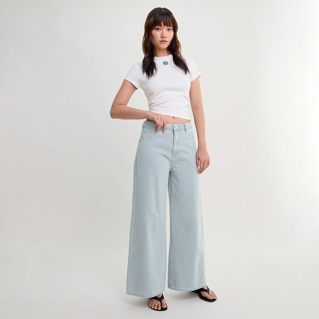[Pomelo] กางเกงยีนส์ลายทาง / Ribbed Wide Leg Jeans — صورة 6