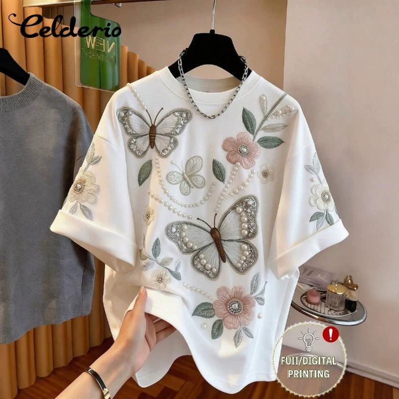Celderio ผู้หญิงฤดูร้อน O-คอ Chic หลวมเสื้อสวมหัวผีเสื้อพิมพ์แขนสั้น Street เสื้อยืด