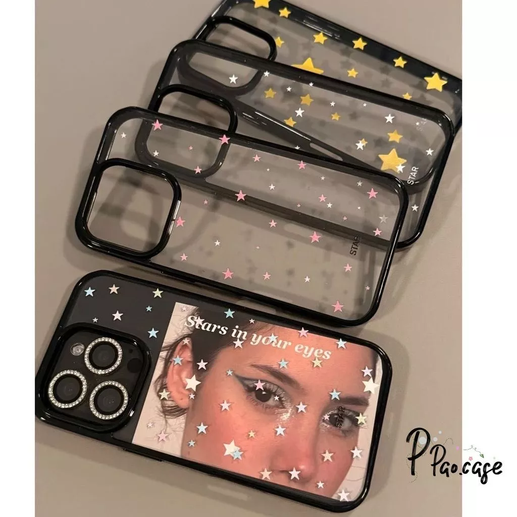 เคสใสดำ ลายดาว สไตล์มินิมอลกันกระแทก เคสไอโฟน16 17 13สำหรับ IPhone 15 11 17 16 14 13 12 Pro Max 14 15 16 Plus