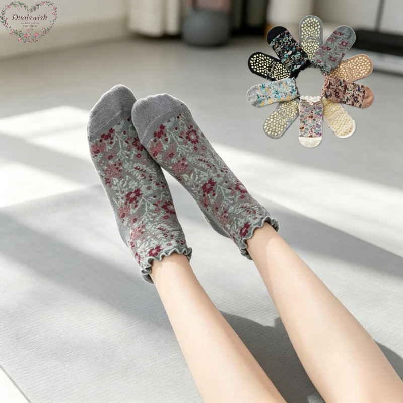 Dualswish Vintage ดอกไม้ Ruffle สั้นถุงเท้าโยคะผู้หญิง Anti Slip ซิลิโคน Grip ชั้นรองเท้าฤดูใบไม้ผลิฤดูร้อน Gym พิลาทิสออกกําลังกาย