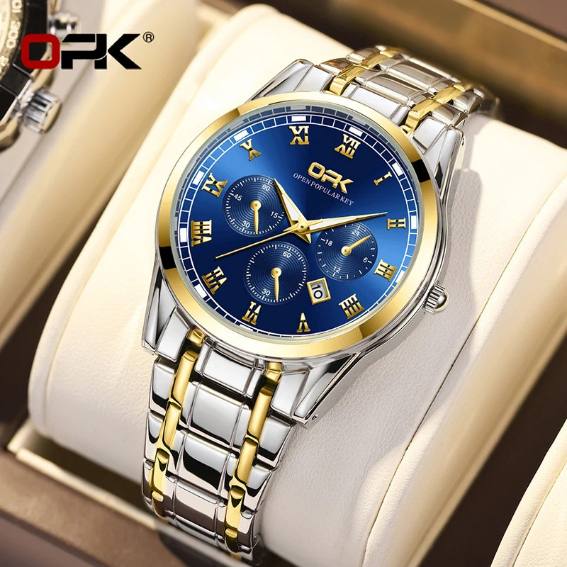 OPK ยี่ห้อ Steel Belt Dual Calendar Mens Quartz Watch 8119