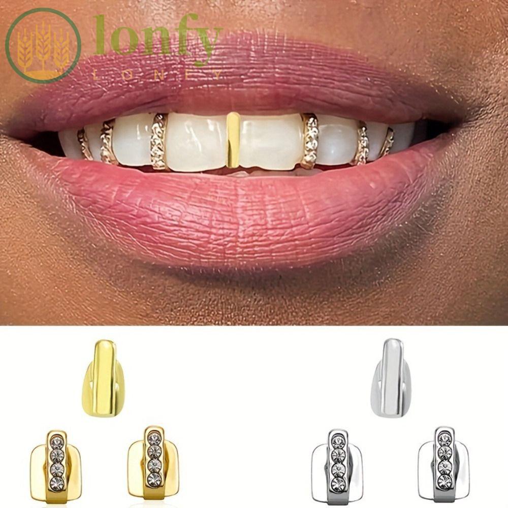 LONFY 3 ชิ้น Hip Hop ฟัน Grillz, Hollow Rhinestone Grillz, Shiny Zircon ฟันหมวกผู้หญิงผู้ชาย