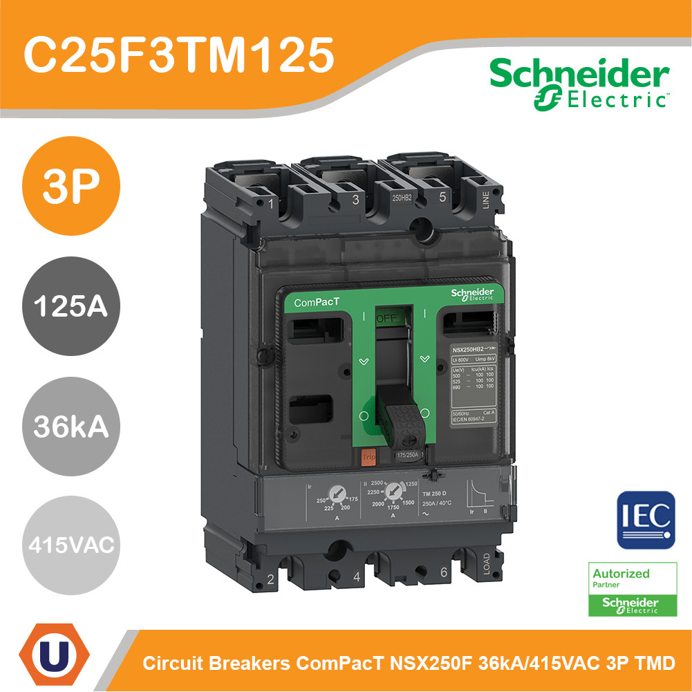 Schneider Circuit Breaker ComPacT NSX250F 36kA/415VAC 3P TMD 125A | C25F3TM125 | Ucanbuys