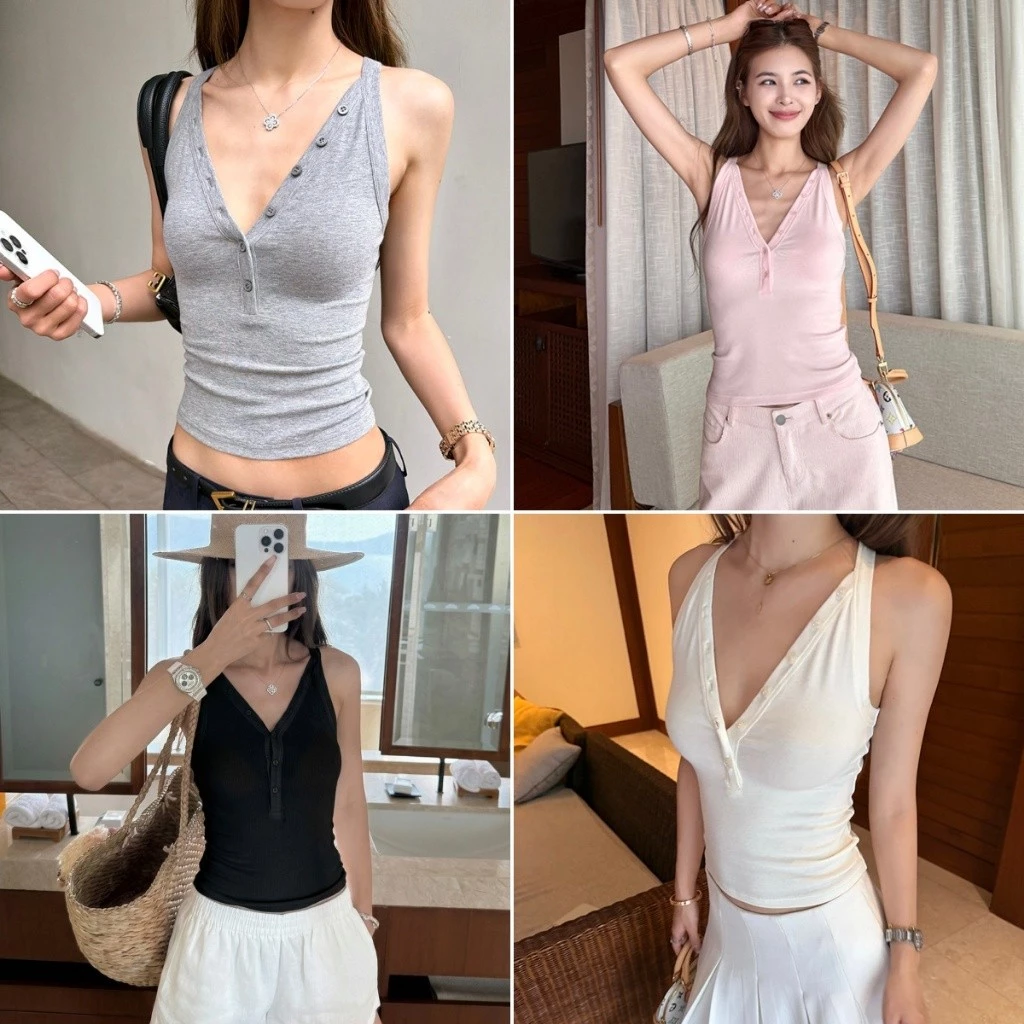 cherryshop พร้อมส่ง เสื้อสายเดี่ยวคอวีเซ็กซี่สไตล์เกาหลีสำหรับผู้หญิง ด้วยปุ่ม เข้ารูป หลากสี