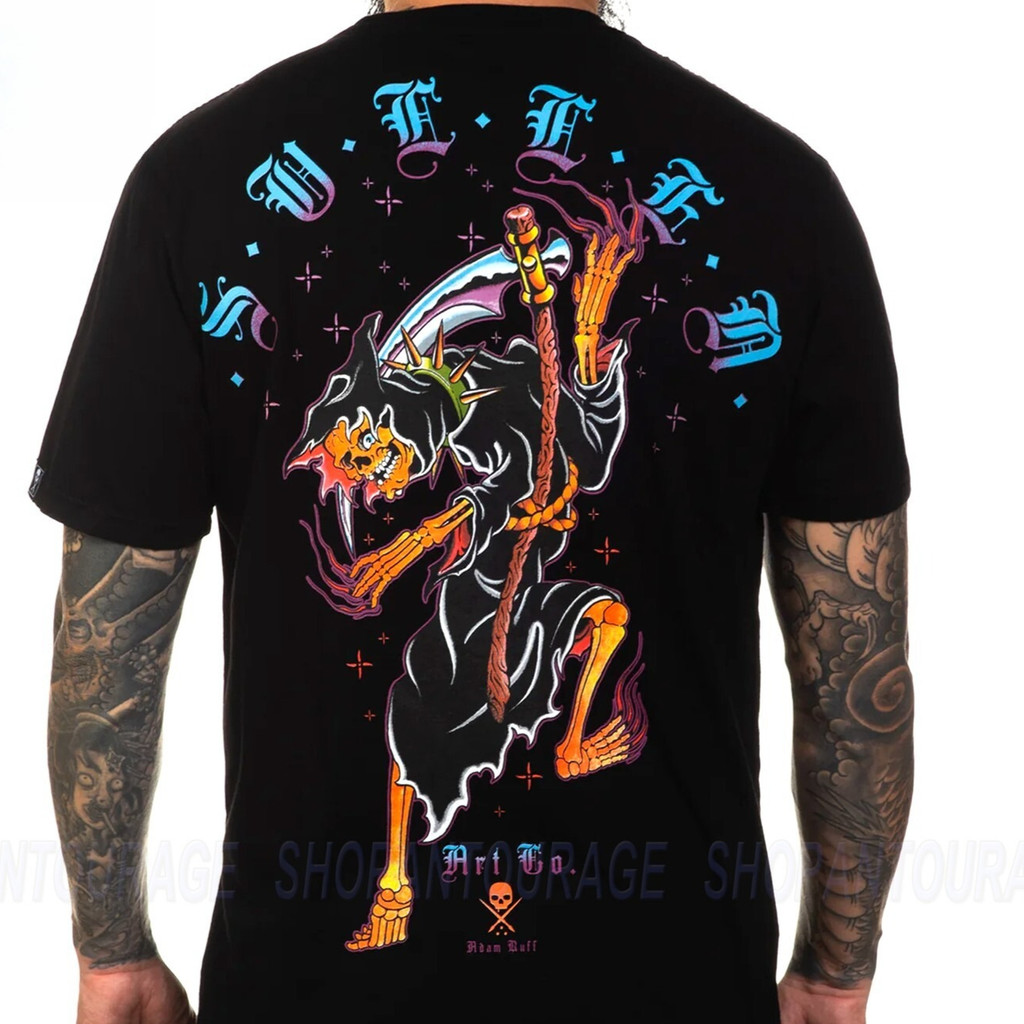 Dark Sickle Death Tattoo เสื้อยืดผู้ชาย Contrast Color Art Graffiti High Street สไตล์สบายๆแขนสั้นผลิ