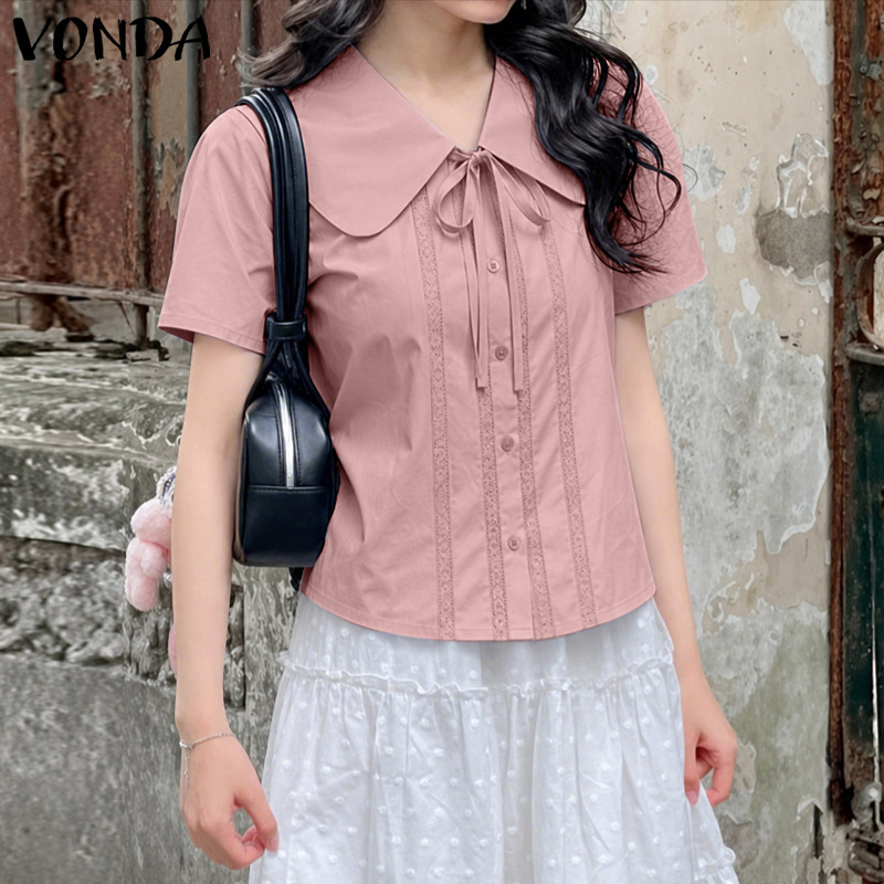VONDA ผู้หญิงเกาหลี Girly สไตล์ขนาดใหญ่ Lapel Bowtie ลูกไม้แผงทอทอทอปุ่มปกติไหล่ตัดเสื้อสไตล์วิทยาลัย Back-To-School ทุกวันเสื้อแขนสั้น — صورة 4