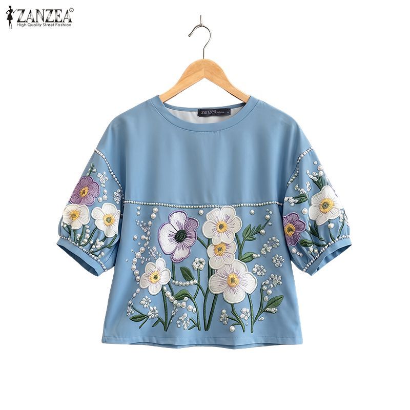 ZANZEA ใส่ ซานเซีย ผู้หญิงเกาหลีหรูหราหรูหรารอบคอแขนโคมไฟดอกไม้พิมพ์ลูกปัดตกแต่งเสื้อ