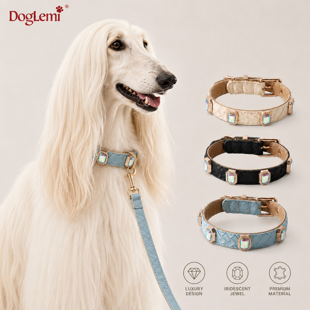 【DogLemi】ปลอกคอสัตว์เลี้ยงแฟชั่น ดีไซน์ออริจินัล หนัง PU พรีเมียม ประดับคริสตัล ปลอกคอสุนัขแมว ปรับไซซ์ได้ รุ่น