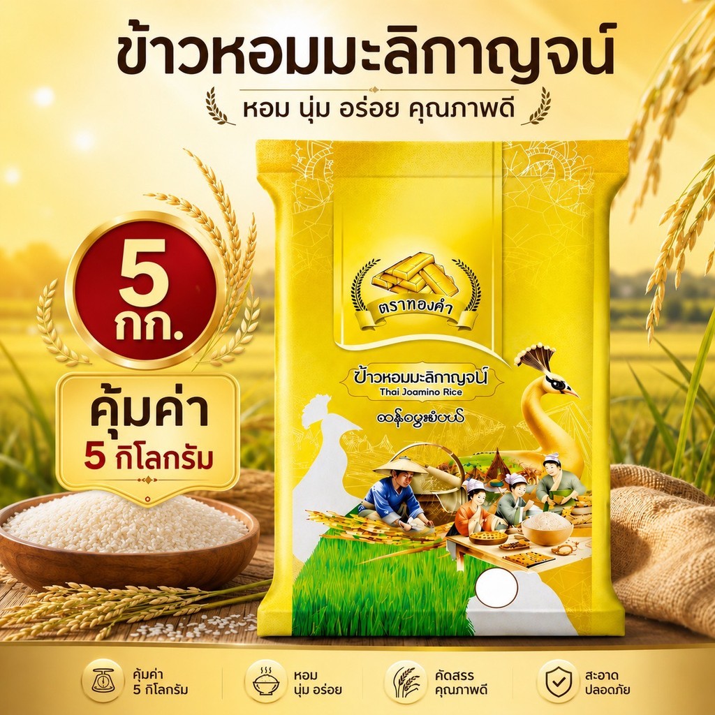 [5 Kg.] โปรคุ้ม ข้าวหอมมะลิกาญจน์ ตราทองคำ ขนาด 5 Kg. หอม นุ่ม โปรคุ้มค่ารีบกด