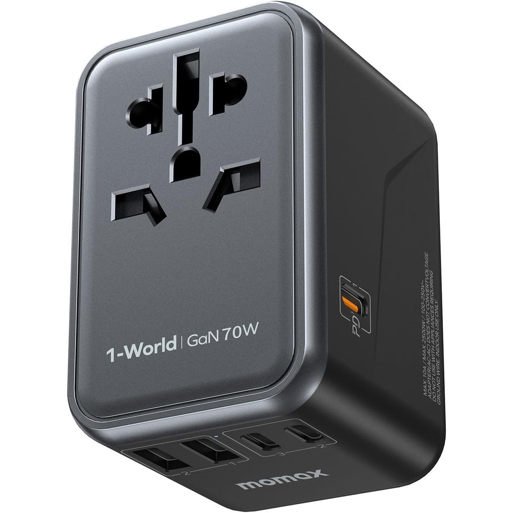 MOMAX 6-in-1 Universal Travel Adapter, GaN 70W International Power Adapter, 3 USB-C PD Fast Charging