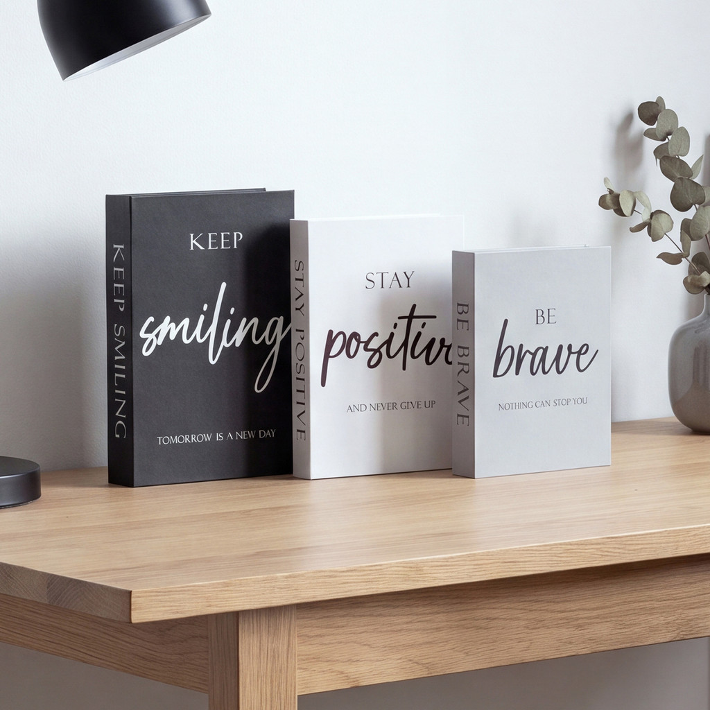 Simple สีดําสีขาวสีเทาหนังสือปลอมภาษาอังกฤษสร้างแรงบันดาลใจ Motto หนังสือจําลองแสดงหนังสือรุ่นตกแต่ง