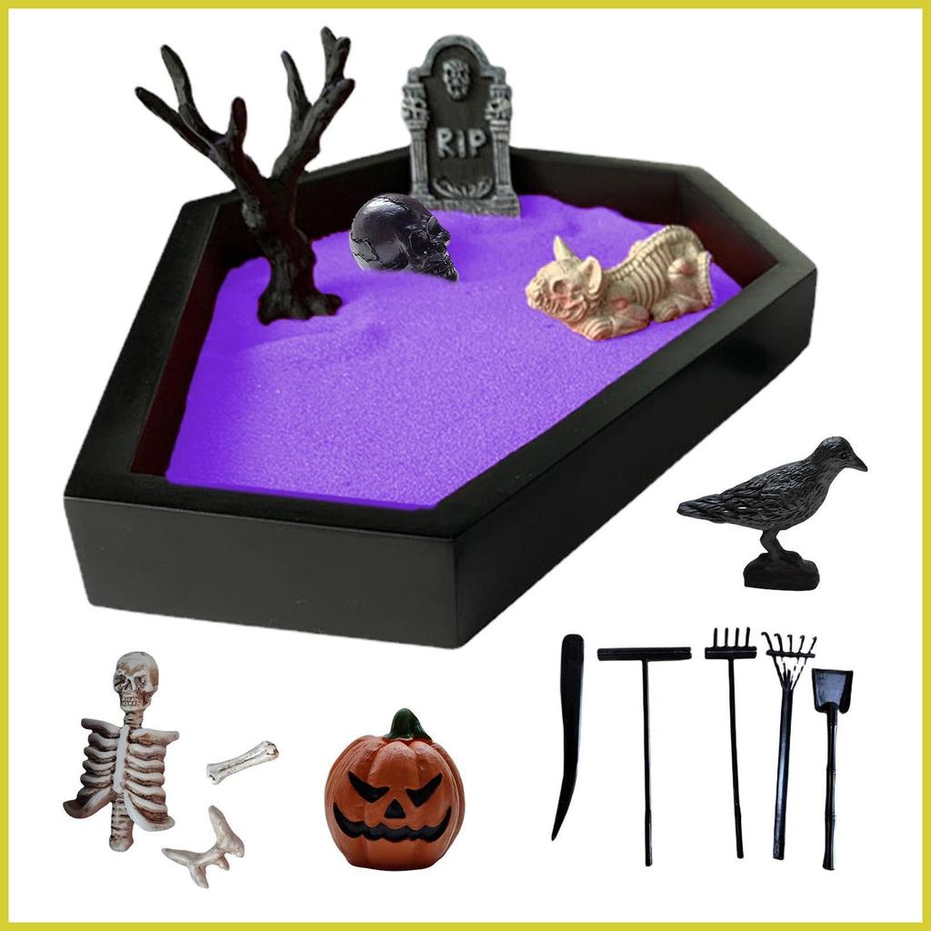 Zen Coffin Garden ฮาโลวีน Skull Tombstone Crow ตารางตกแต่งทราย Creepy Zen Garden ตารางเครื่องประดับส