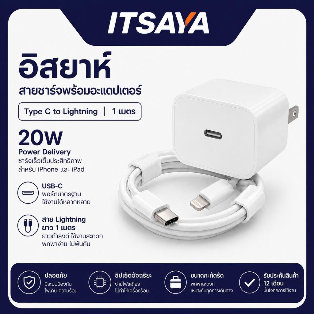 สายชาร์จพร้อมอะแดปเตอร์ Lightning 20W Type C to Lightning  และ Type C to Type C 1 เมตร