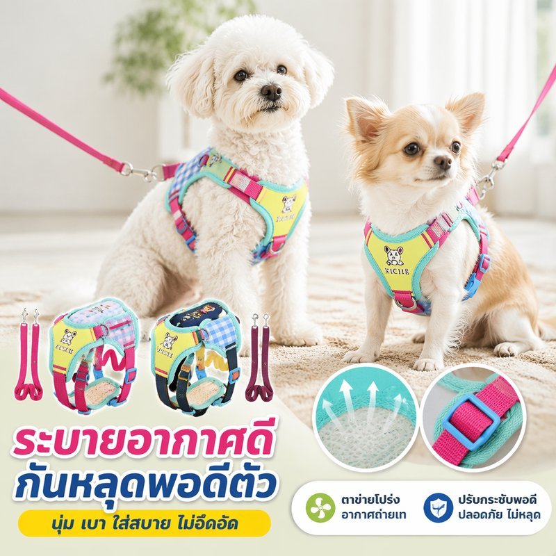 สายรัดอกแมว ผ้าตาข่าย ระบายอากาศ สายจูงแมว กันหลุด ปรับได้ นุ่ม เบา ใส่สบาย แมว สุนัขเล็ก