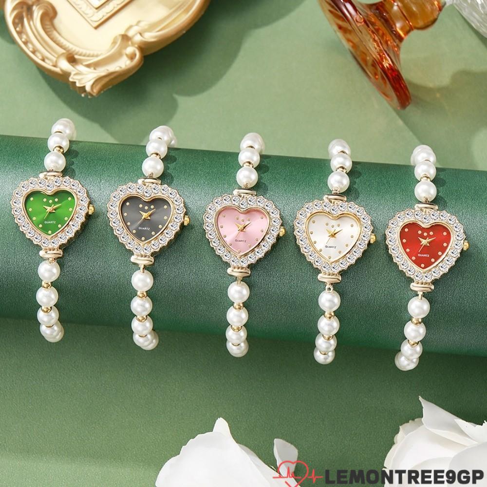 LEMONTREE9GP Pearl Bracelet Watch, Elastic Band Rhinestone Ladies Quartz Watch, Heart-Shaped Dial Si