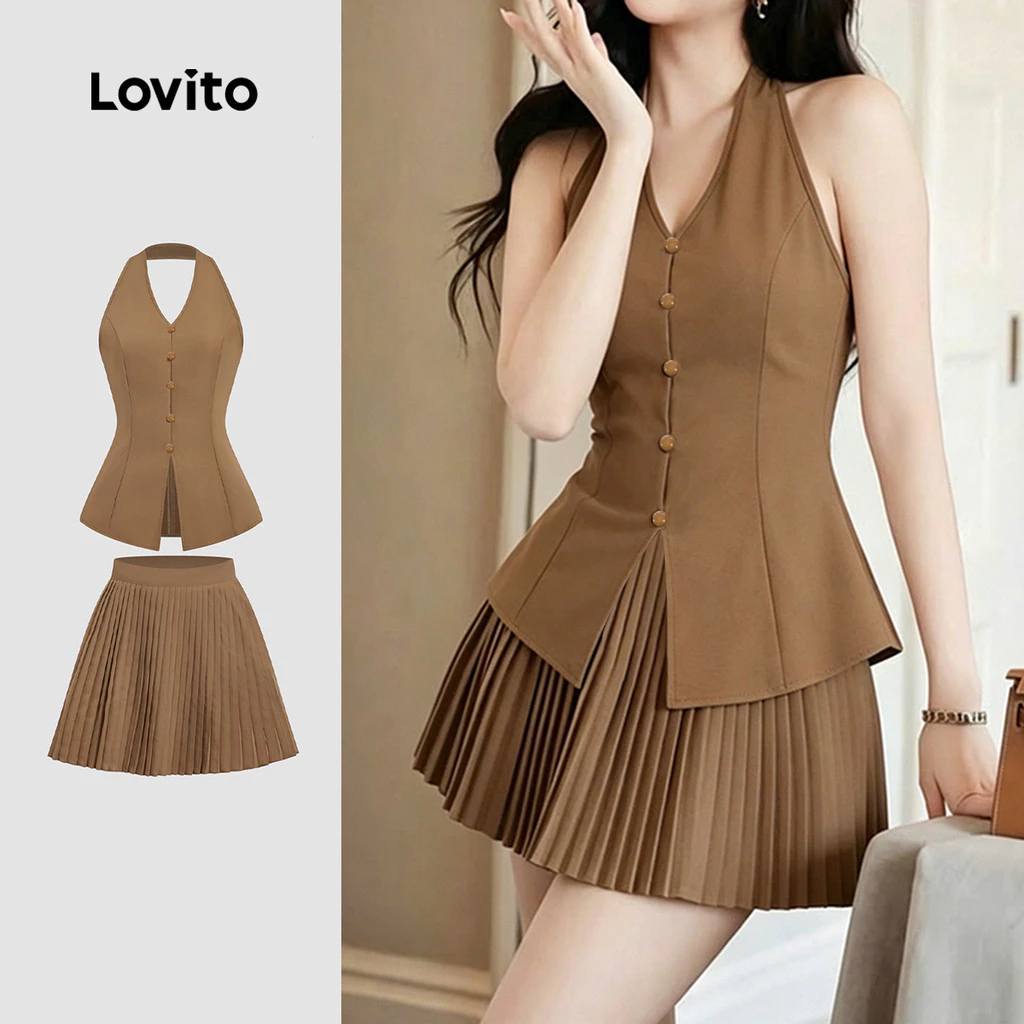 Lovito เสื้อเบลาส์หรือกระโปรงทรงหรู แบบติดกระดุมด้านหน้า จีบรอบเอว เหมาะสําหรับใส่ไปทํางานหรือใส่ลําลอง สไตล์ฤดูร้อน โทนสีกากี L190ED737
