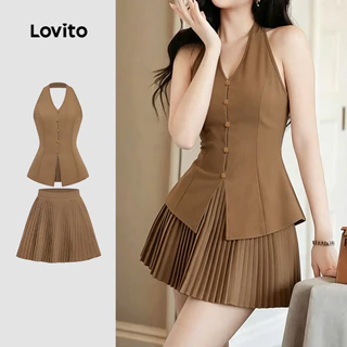 Lovito เสื้อเบลาส์หรือกระโปรงทรงหรู แบบติดกระดุมด้านหน้า จีบรอบเอว เหมาะสําหรับใส่ไปทํางานหรือใส่ลําลอง สไตล์ฤดูร้อน โทนสีกากี L190ED737